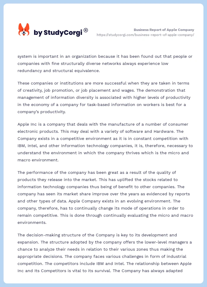 Business Report of Apple Company. Page 2