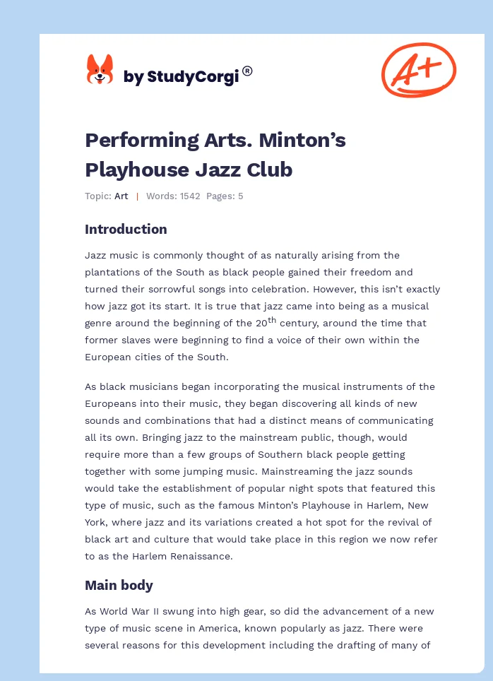 Performing Arts. Minton’s Playhouse Jazz Club. Page 1