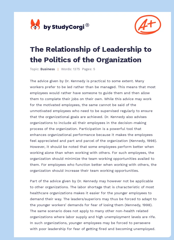 The Relationship of Leadership to the Politics of the Organization. Page 1