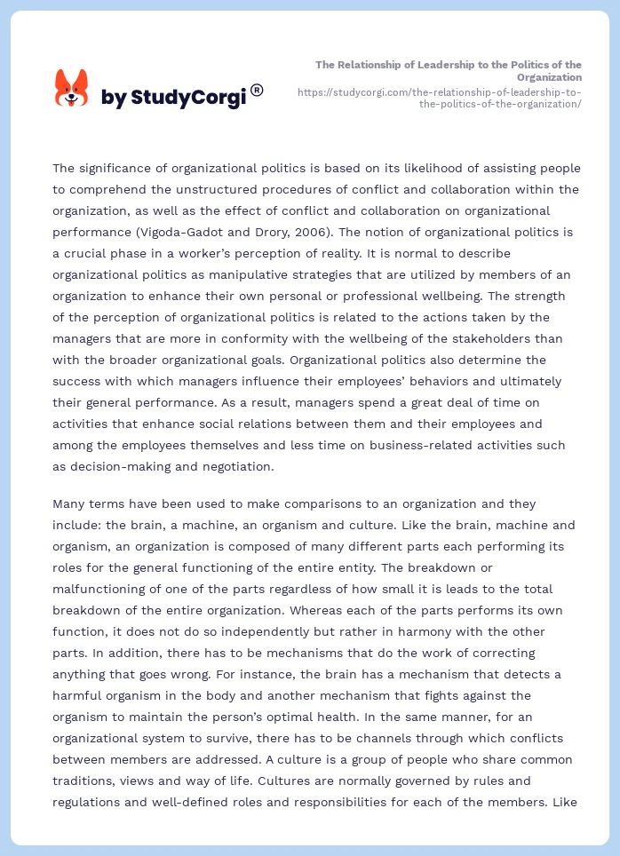 The Relationship of Leadership to the Politics of the Organization. Page 2