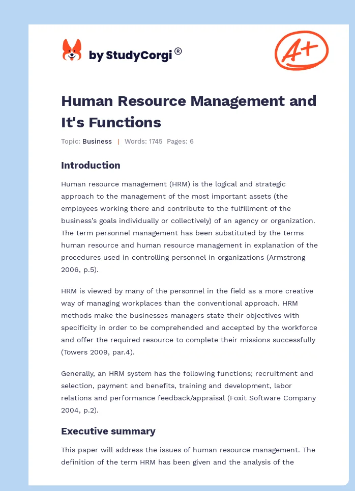 Human Resource Management and It's Functions. Page 1