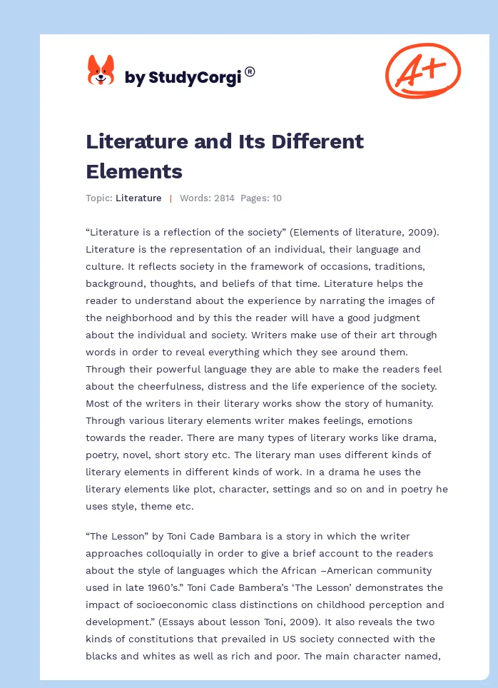 Literature and Its Different Elements. Page 1