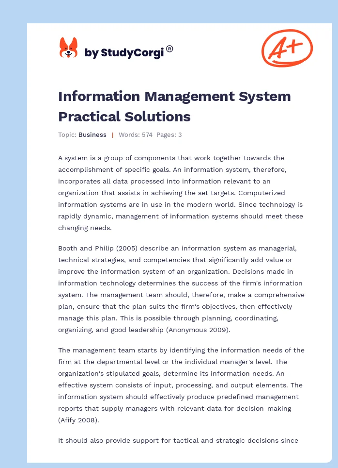 Information Management System Practical Solutions. Page 1