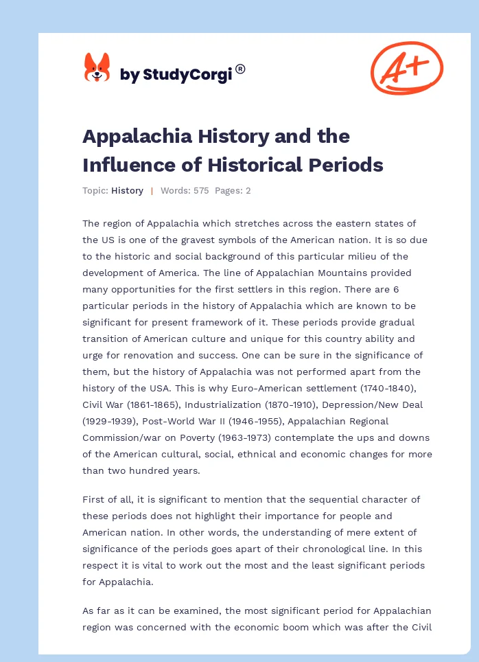 Appalachia History and the Influence of Historical Periods. Page 1