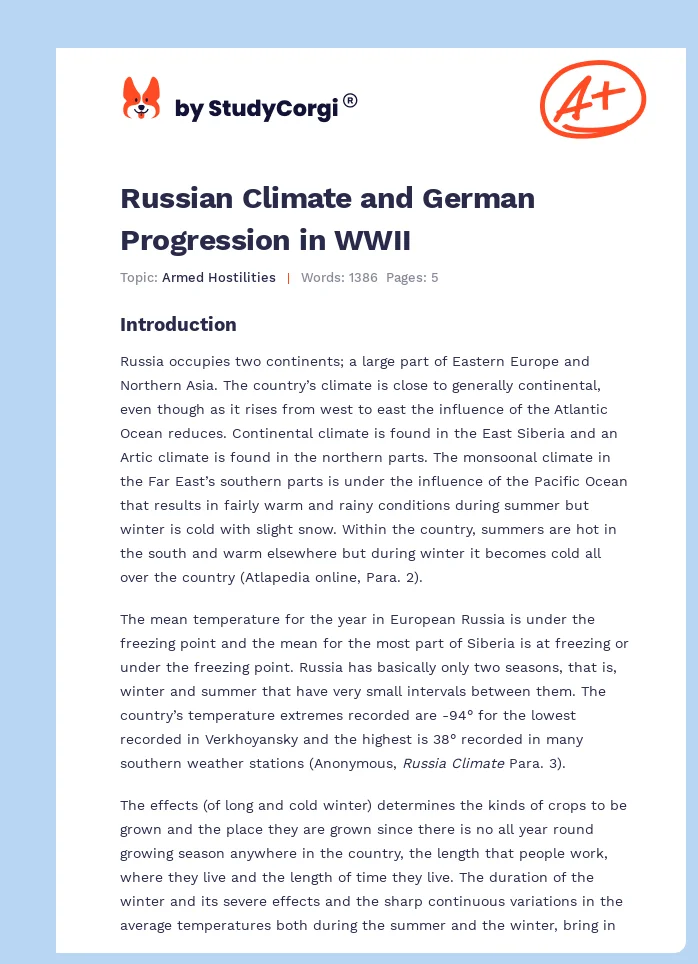 Russian Climate and German Progression in WWII. Page 1