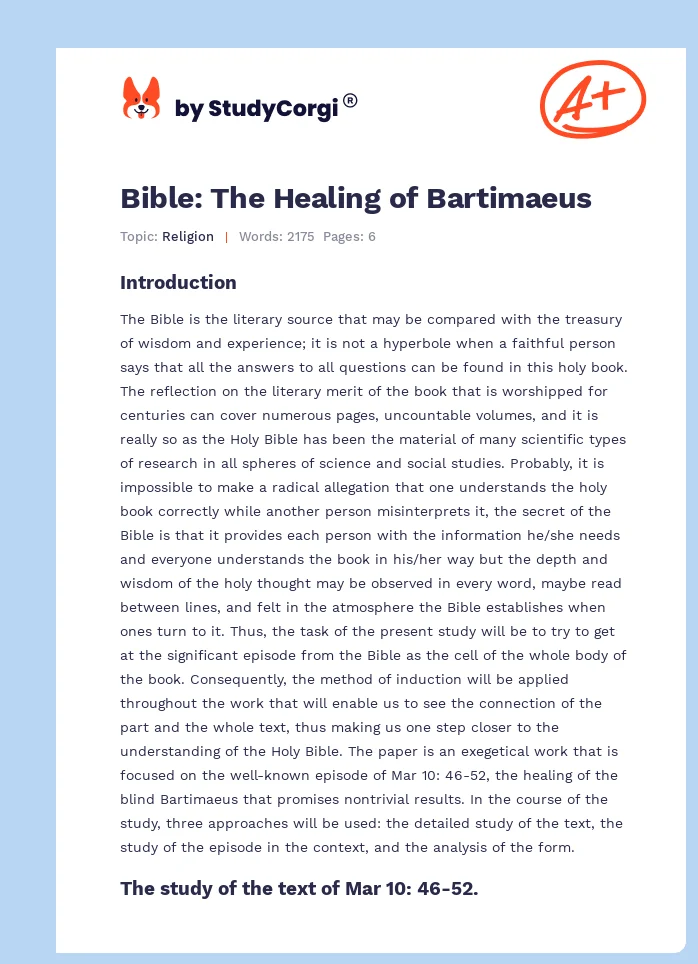 Bible: The Healing of Bartimaeus. Page 1