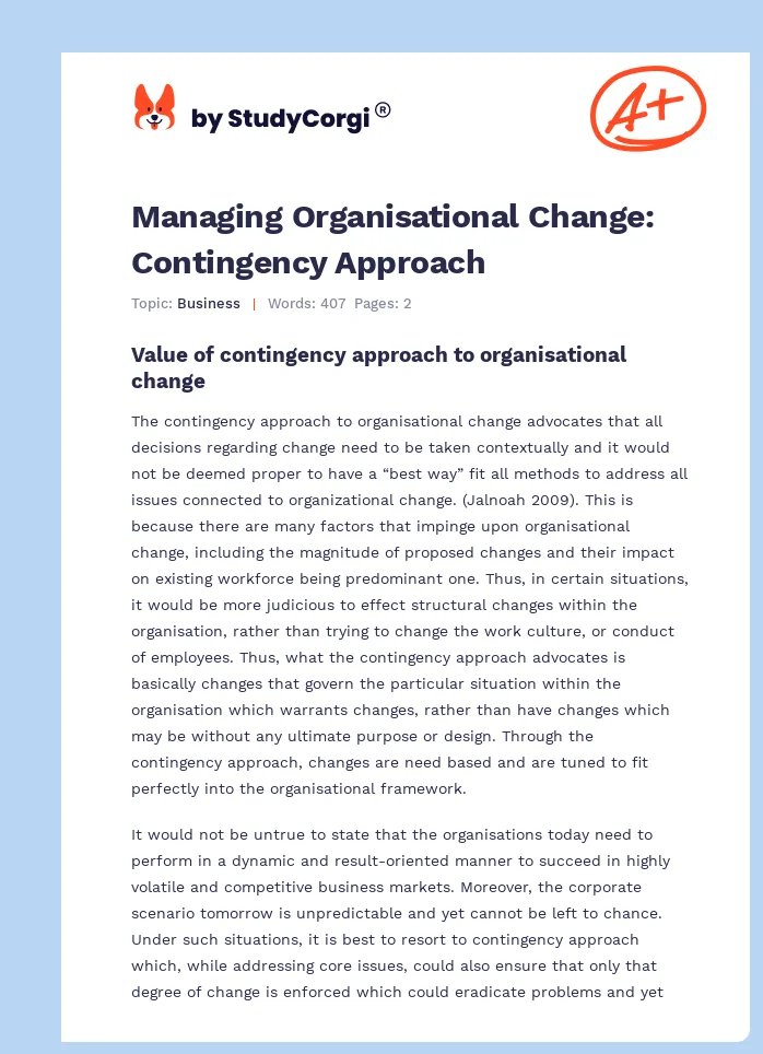 Managing Organisational Change: Contingency Approach. Page 1