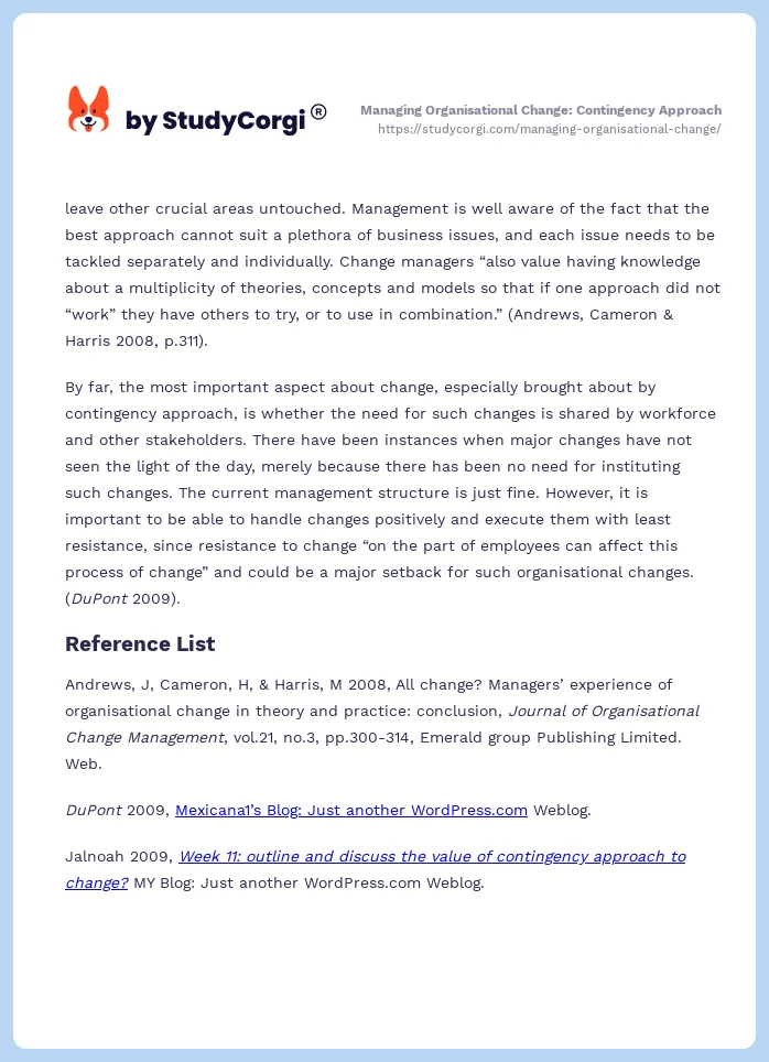 Managing Organisational Change: Contingency Approach. Page 2