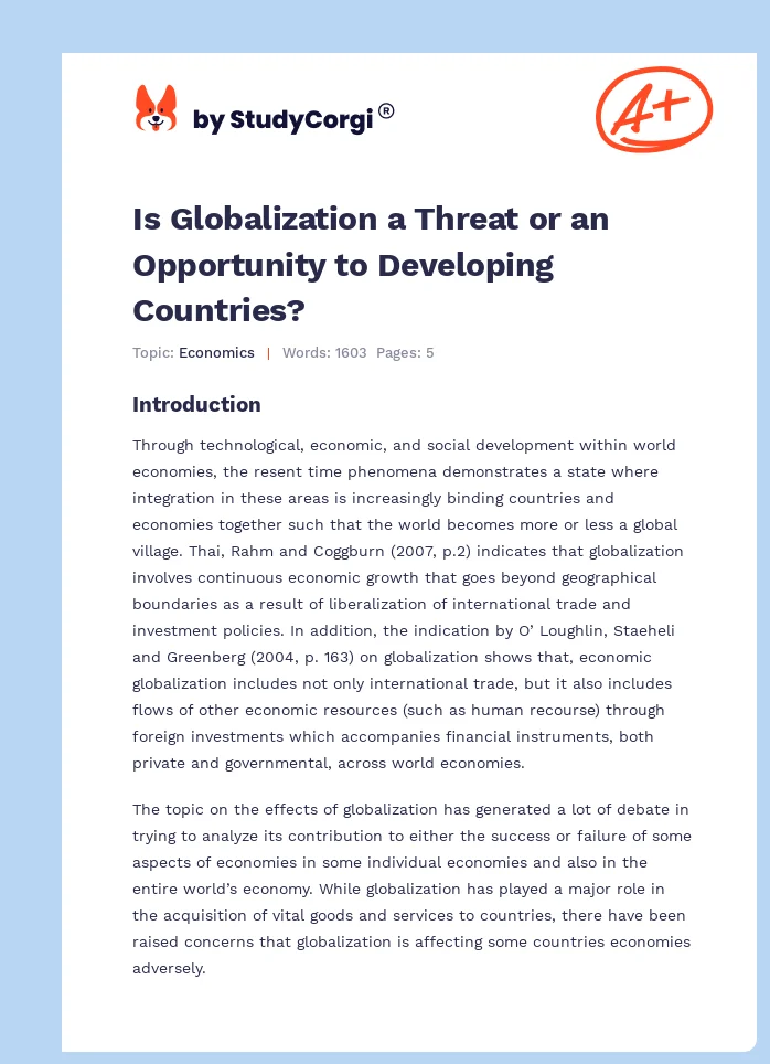 Is Globalization a Threat or an Opportunity to Developing Countries?. Page 1
