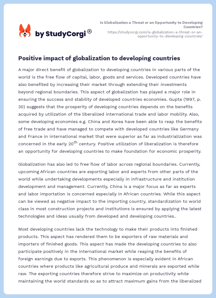 Is Globalization a Threat or an Opportunity to Developing Countries?. Page 2