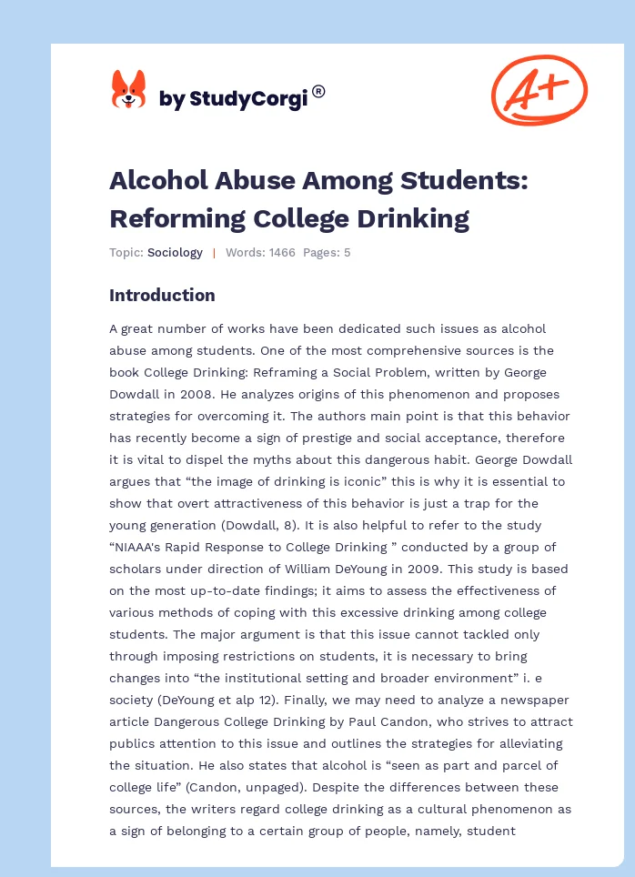 Alcohol Abuse Among Students: Reforming College Drinking. Page 1