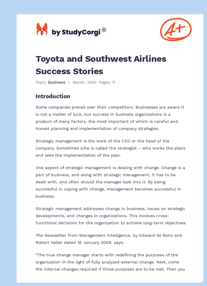 Toyota and Southwest Airlines Success Stories. Page 1