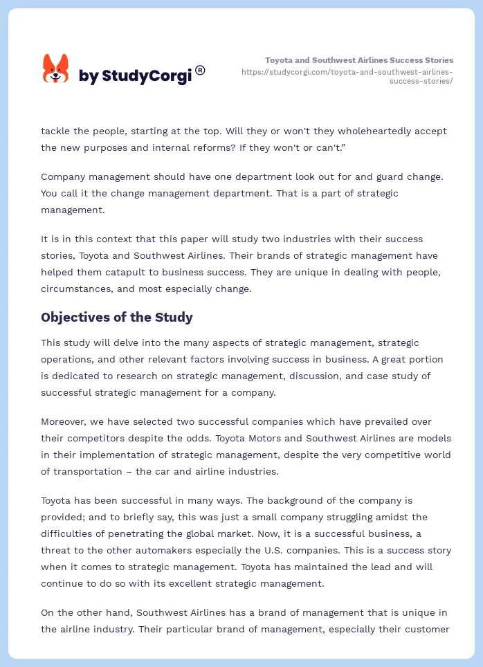Toyota and Southwest Airlines Success Stories. Page 2