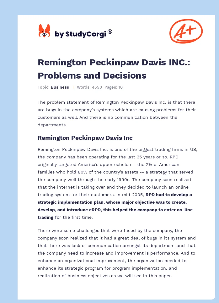 Remington Peckinpaw Davis INC.: Problems and Decisions. Page 1