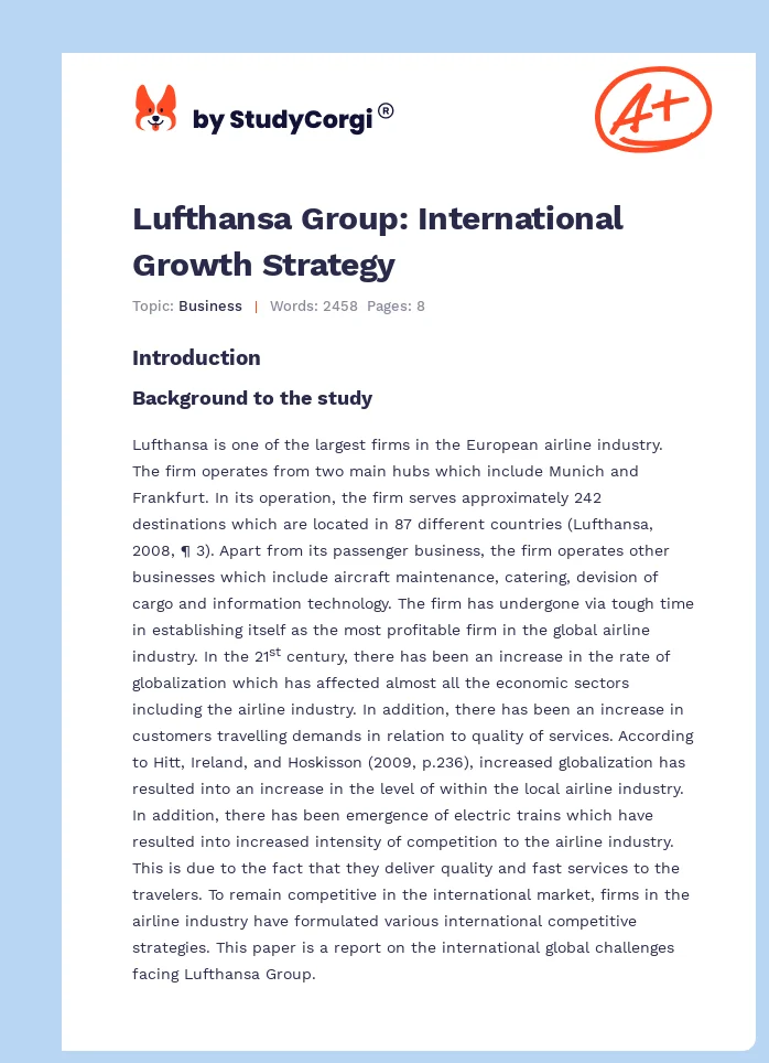 Lufthansa Group: International Growth Strategy. Page 1