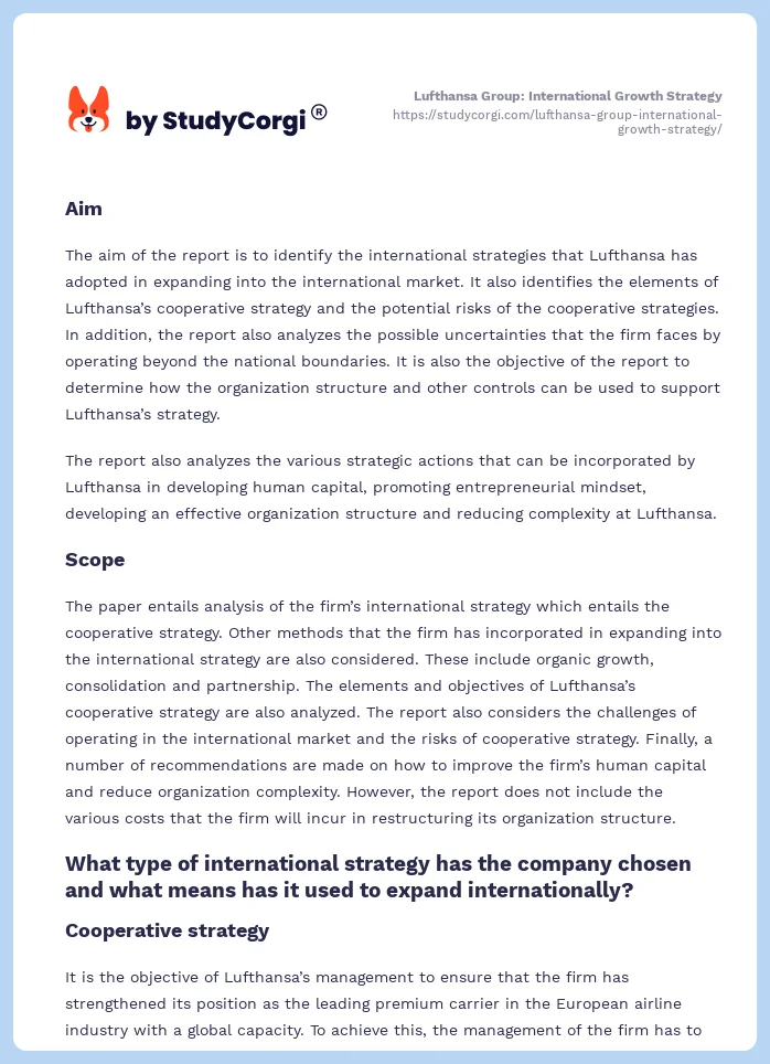Lufthansa Group: International Growth Strategy. Page 2