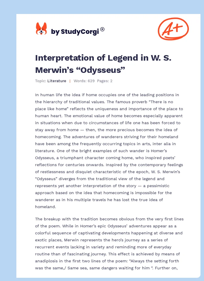 Interpretation of Legend in W. S. Merwin’s “Odysseus”. Page 1