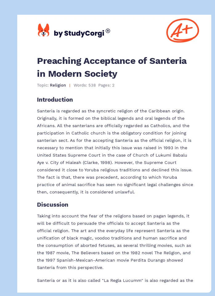 Preaching Acceptance of Santeria in Modern Society. Page 1
