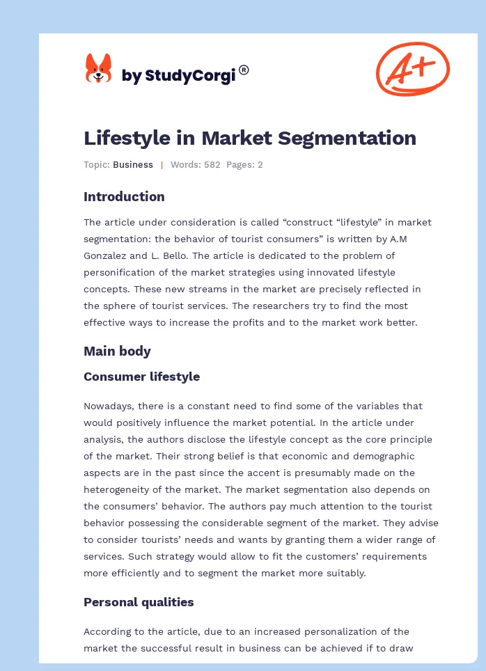 Lifestyle in Market Segmentation. Page 1