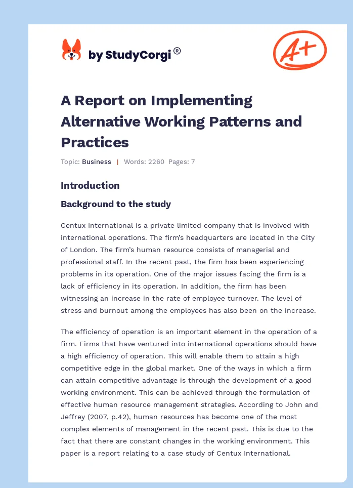 A Report on Implementing Alternative Working Patterns and Practices. Page 1