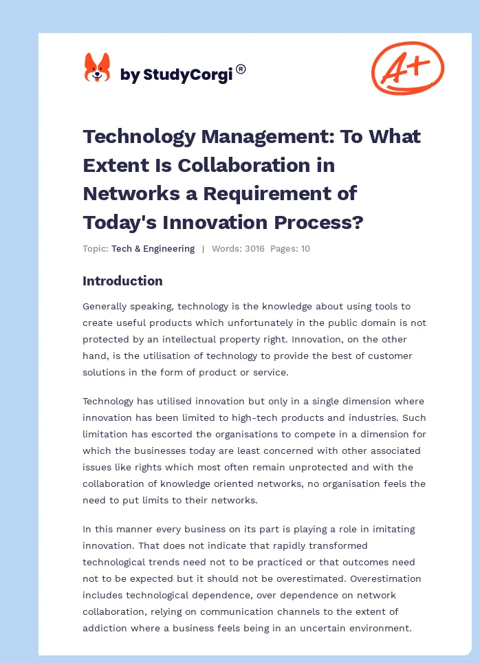 Technology Management: To What Extent Is Collaboration in Networks a Requirement of Today's Innovation Process?. Page 1