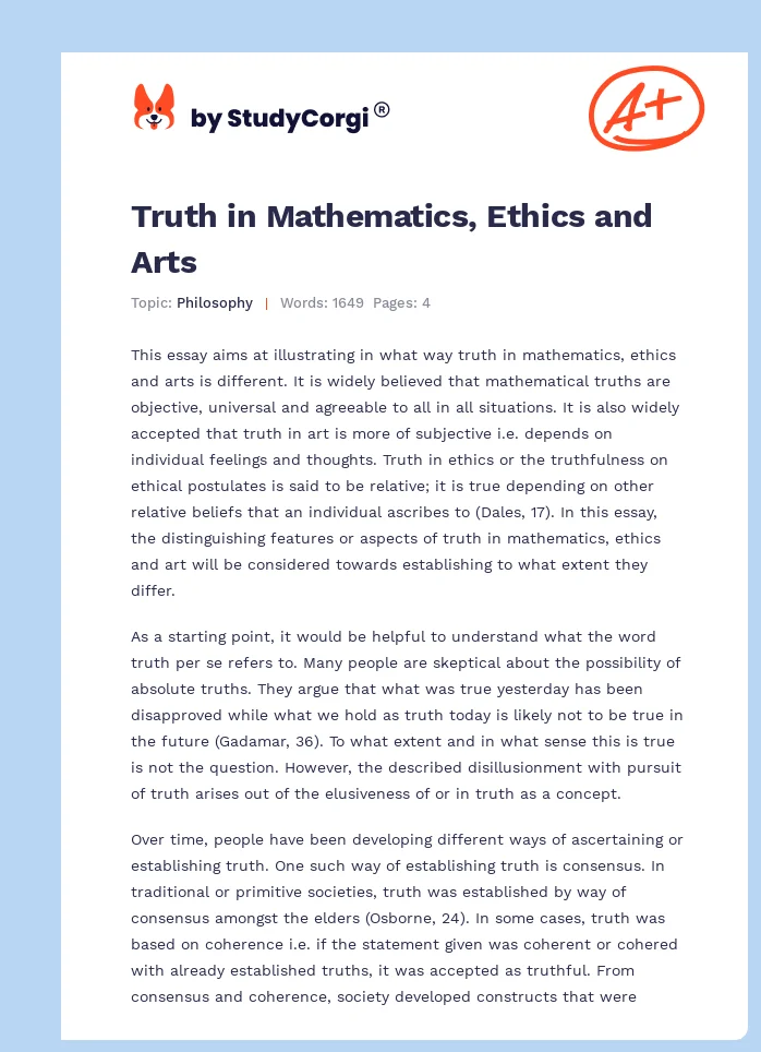 Truth in Mathematics, Ethics and Arts. Page 1