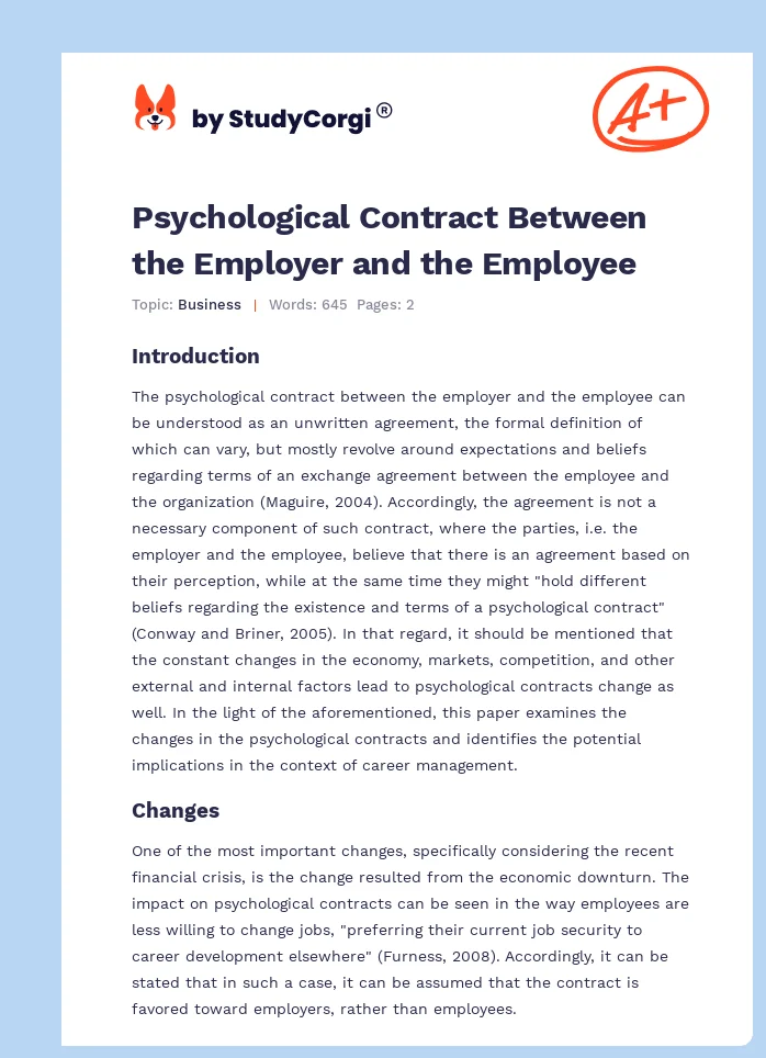 Psychological Contract Between the Employer and the Employee. Page 1