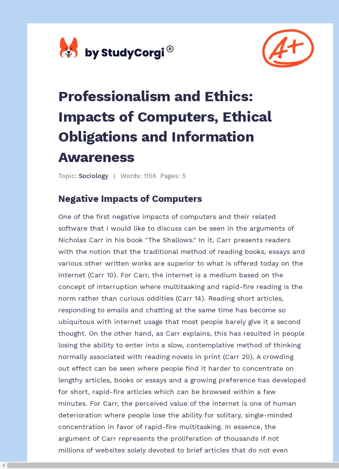 Professionalism and Ethics: Impacts of Computers, Ethical Obligations and Information Awareness. Page 1