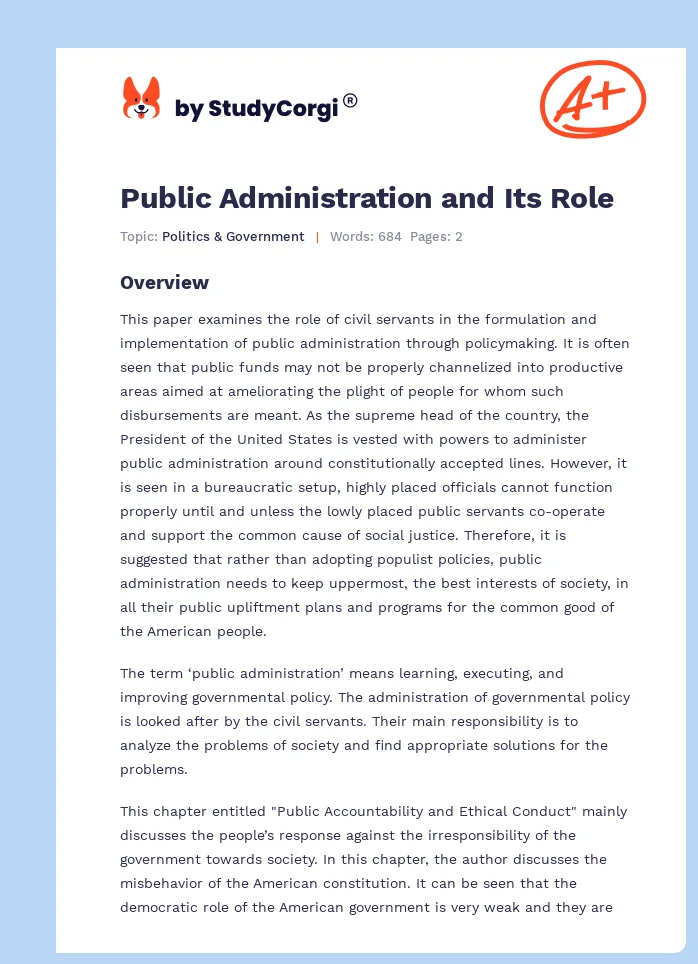Public Administration and Its Role. Page 1