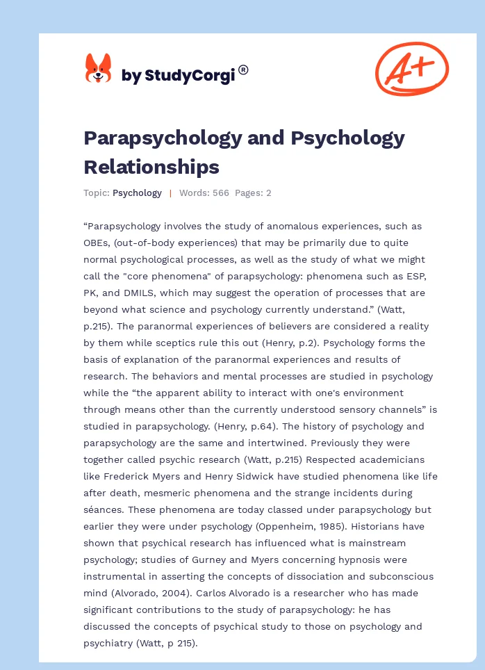 Parapsychology and Psychology Relationships. Page 1