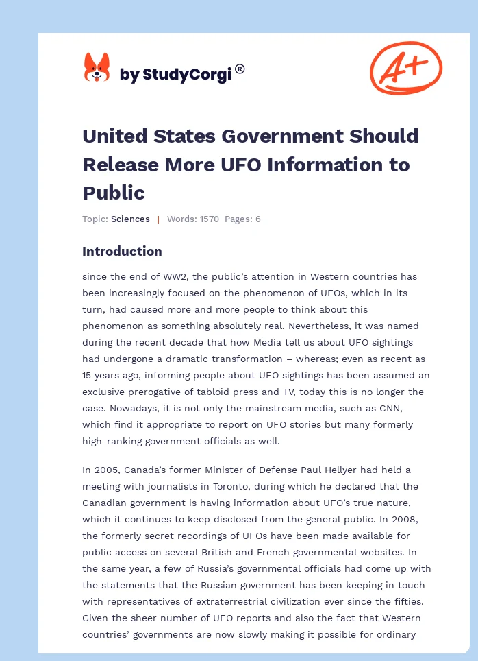 United States Government Should Release More UFO Information to Public. Page 1