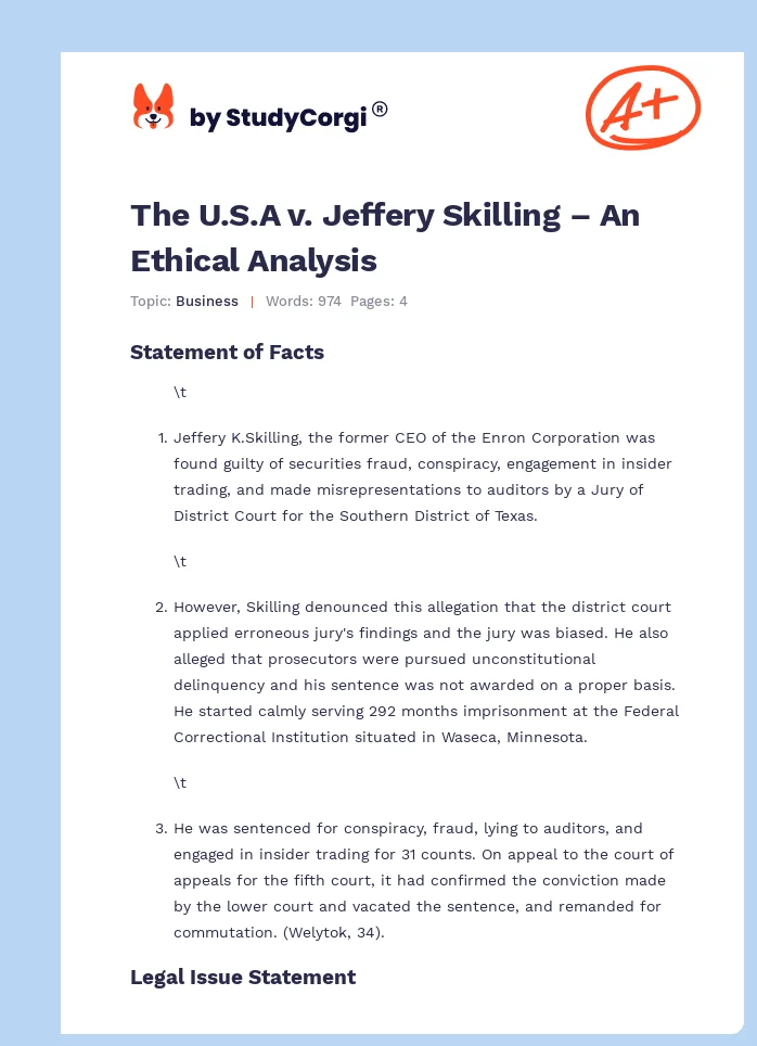 The U.S.A v. Jeffery Skilling – An Ethical Analysis. Page 1