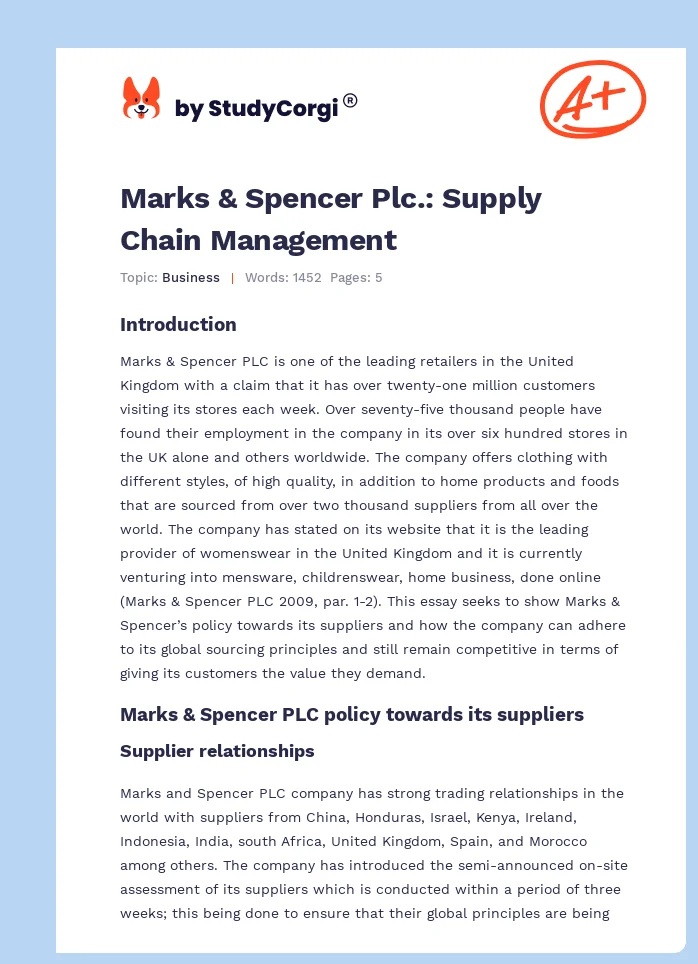 Marks & Spencer Plc.: Supply Chain Management. Page 1