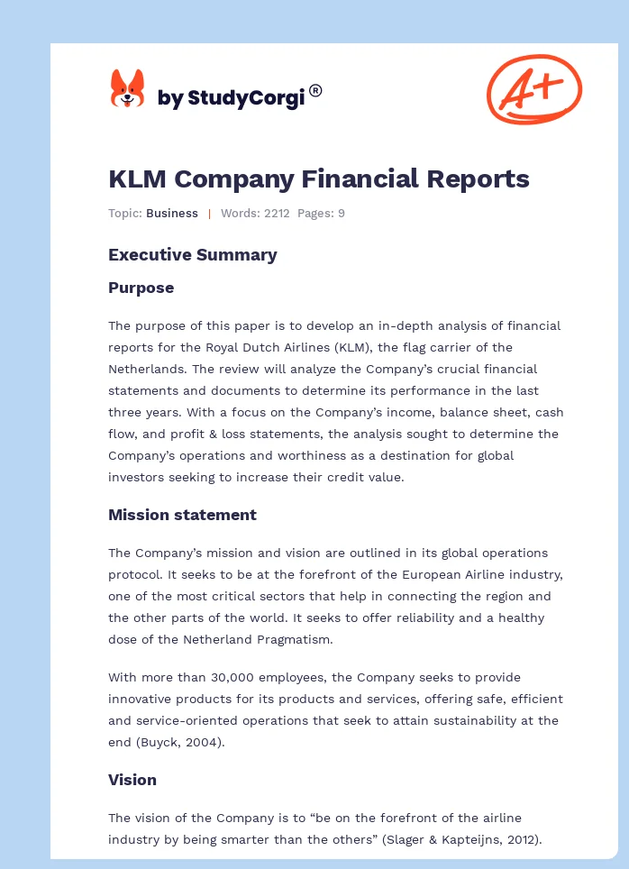 KLM Company Financial Reports. Page 1