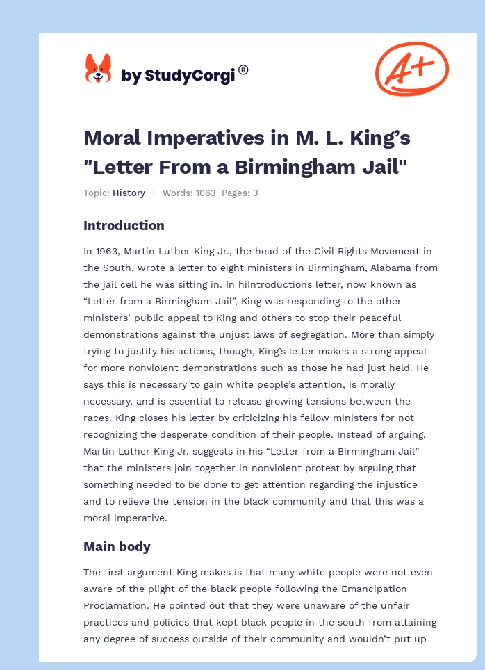 Moral Imperatives in M. L. King’s "Letter From a Birmingham Jail". Page 1