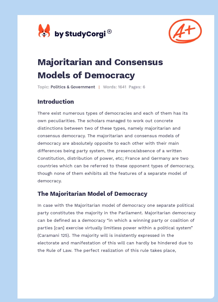 Majoritarian and Consensus Models of Democracy. Page 1