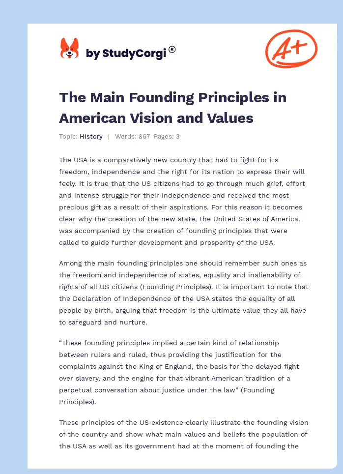 The Main Founding Principles in American Vision and Values. Page 1