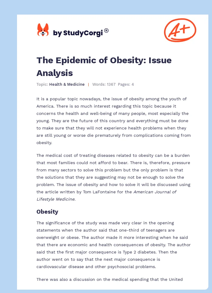 The Epidemic of Obesity: Issue Analysis. Page 1