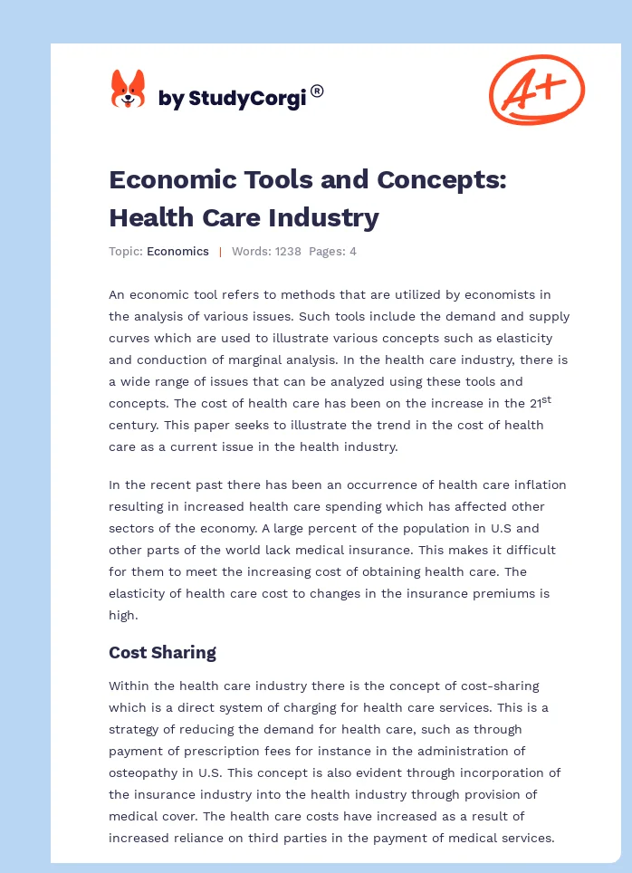 Economic Tools and Concepts: Health Care Industry. Page 1