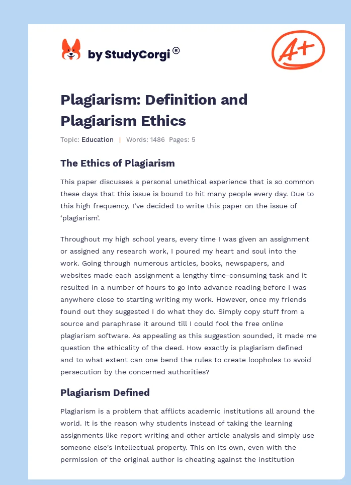 Plagiarism: Definition and Plagiarism Ethics. Page 1