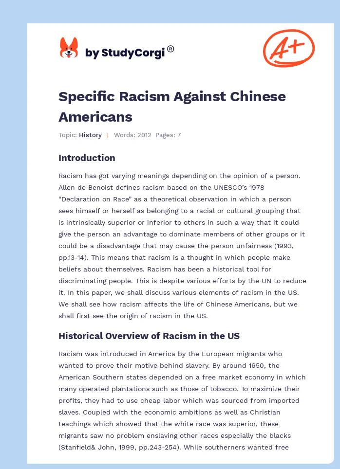 Specific Racism Against Chinese Americans. Page 1