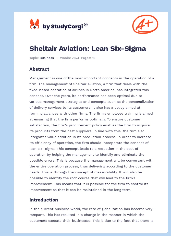 Sheltair Aviation: Lean Six-Sigma. Page 1