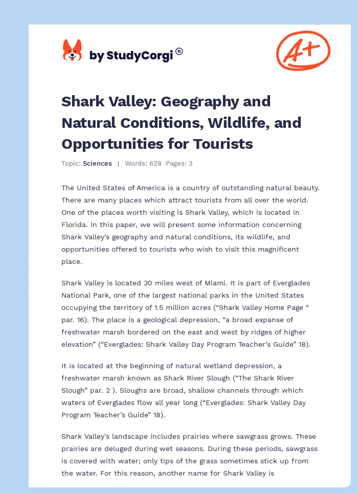 Shark Valley: Geography and Natural Conditions,  Wildlife, and Opportunities for Tourists. Page 1