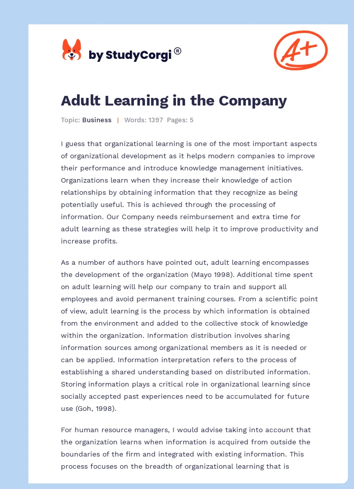 Adult Learning in the Company. Page 1