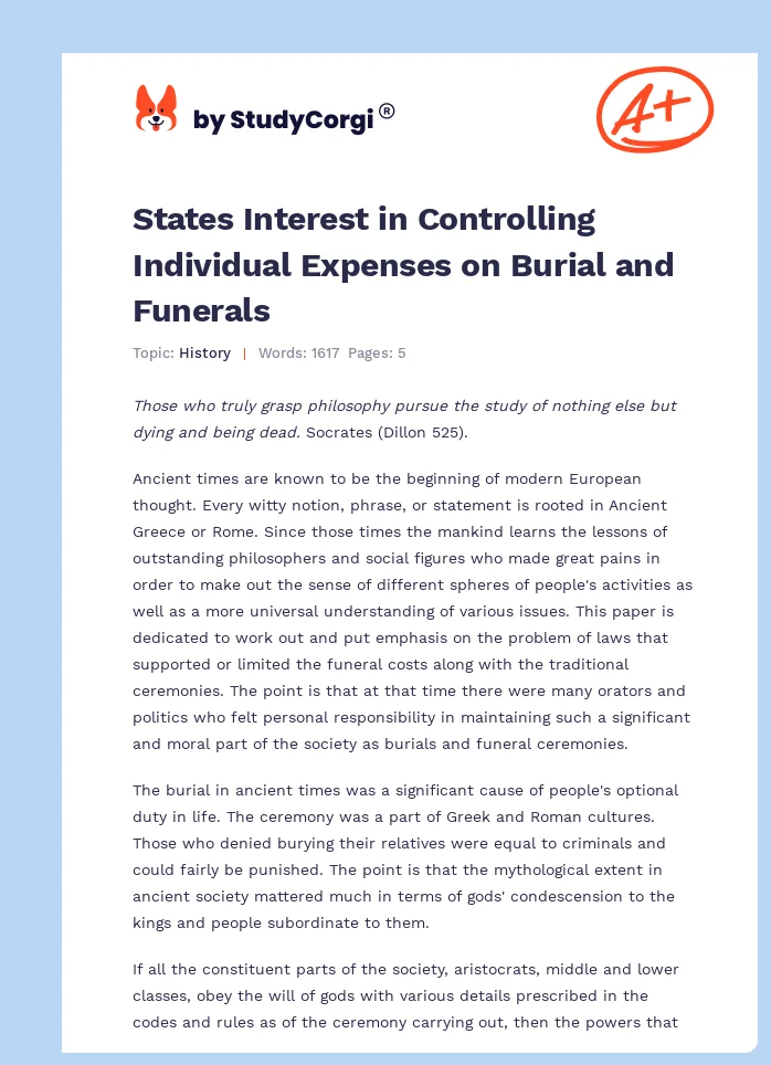 States Interest in Controlling Individual Expenses on Burial and Funerals. Page 1