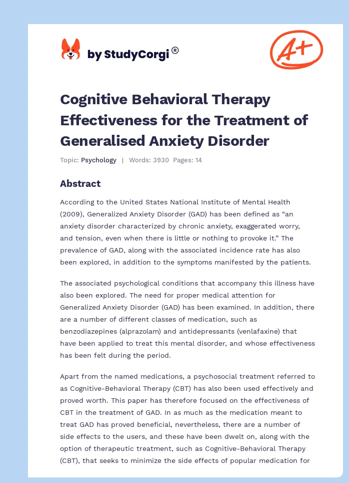 Cognitive Behavioral Therapy Effectiveness for the Treatment of Generalised Anxiety Disorder. Page 1