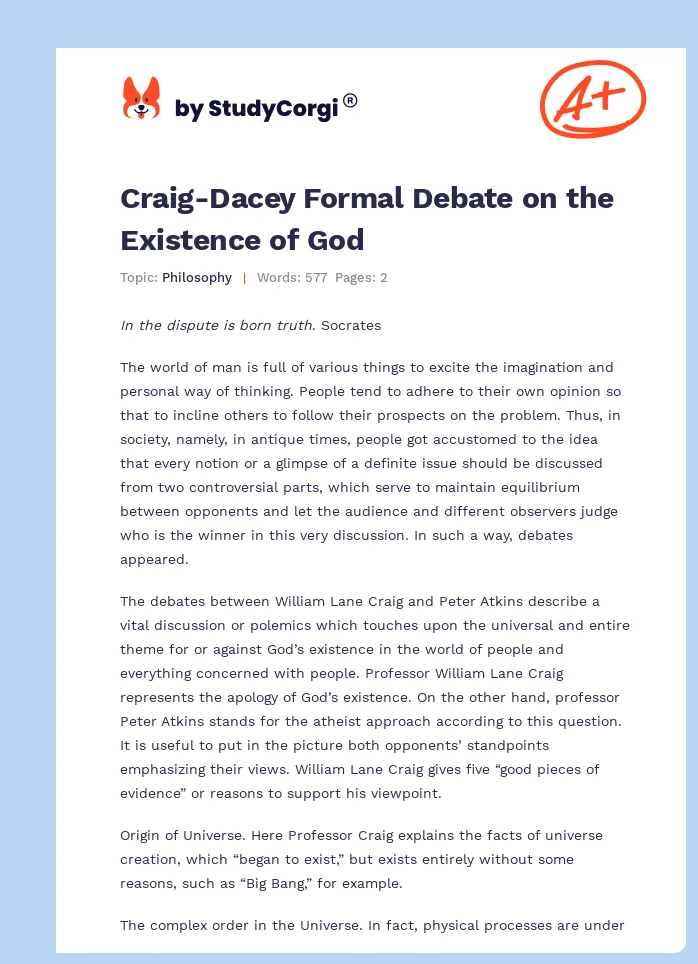 Craig-Dacey Formal Debate on the Existence of God. Page 1