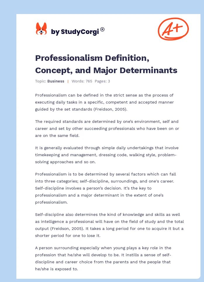 Professionalism Definition, Concept, and Major Determinants. Page 1
