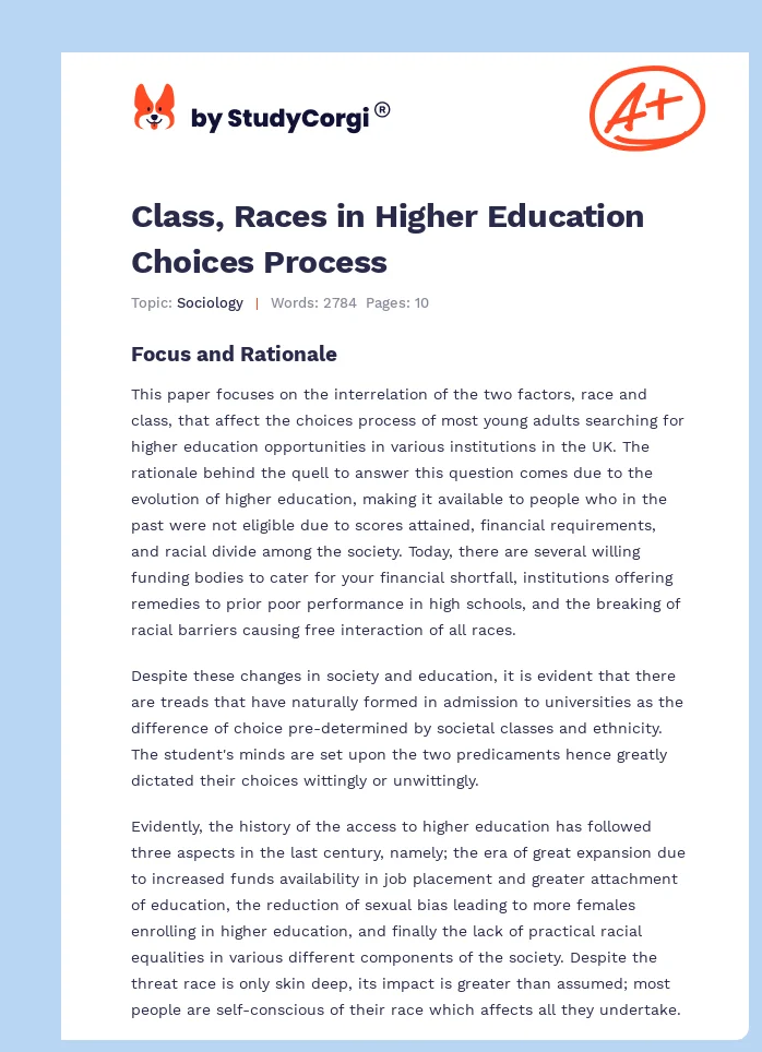 Class, Races in Higher Education Choices Process. Page 1