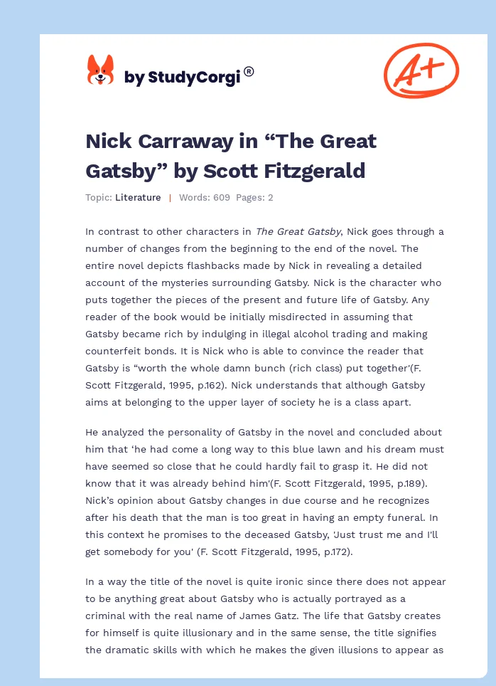 Nick Carraway in “The Great Gatsby” by Scott Fitzgerald. Page 1